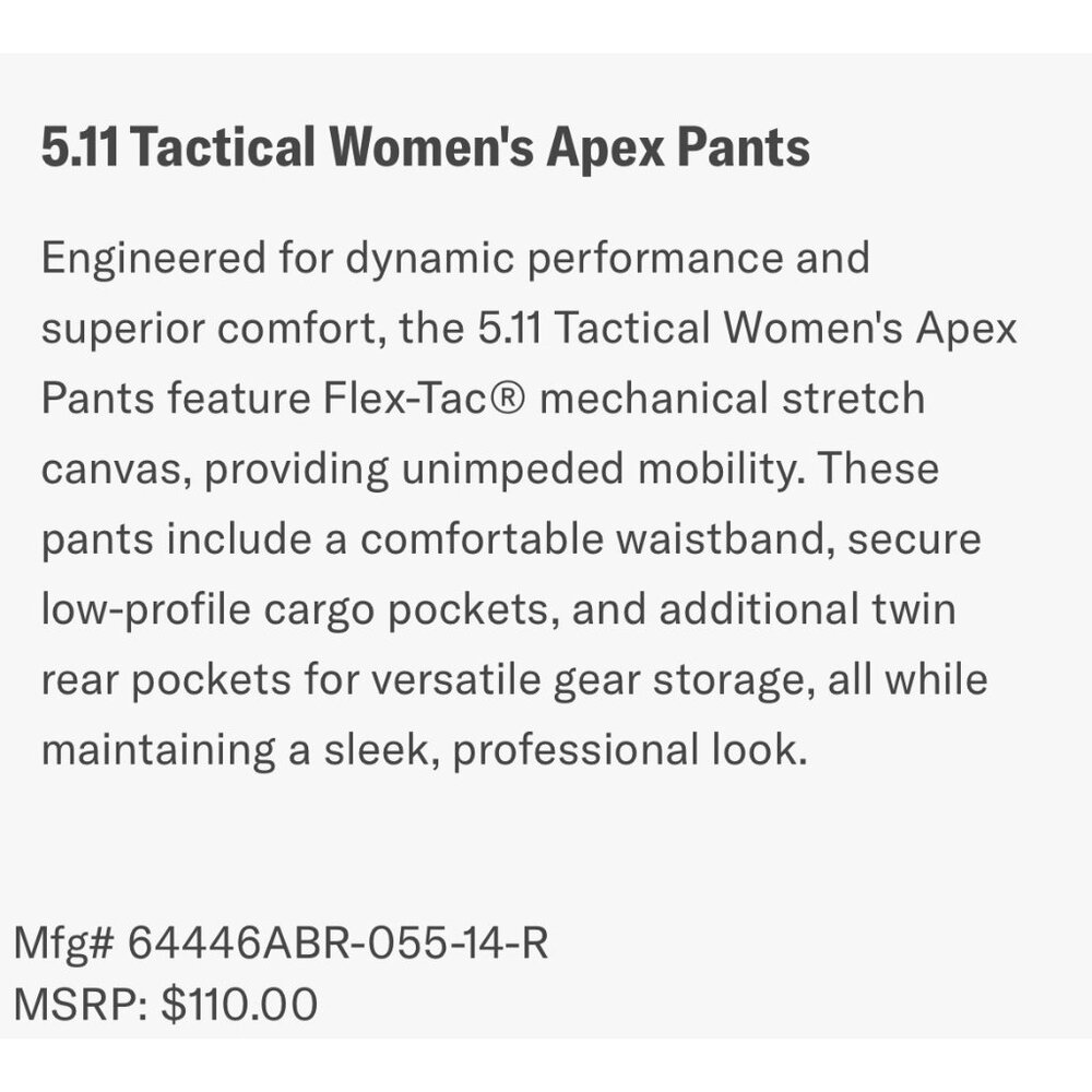 NWT 5.11 Tactical Women’s Apex Pant Sz 12 Regular Khaki 64446 - Picture 8 of 10